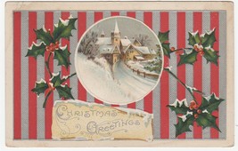 Vintage Postcard Christmas Church and Village in Snow Stripes Silver - £5.53 GBP