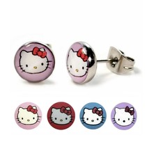 Stainless Steel Post Earrings Hello Kitty 8mm Stud Tiny Pink Red Blue Or Purple - £6.45 GBP