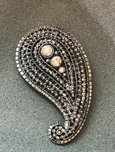 Estate Large Lia Marked Lacy Silvertone Paisley w Clear Rhinestone Accents Pin  - £11.64 GBP
