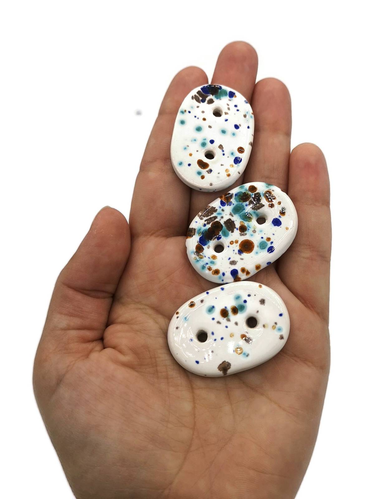 3Pcs Large Oval Sewing Buttons, Handmade White Speckled Ceramic Buttons For Coat - $17.42