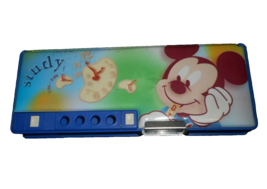 VINTAGE DISNEY FLOMO MICKEY &amp; MINNIE MOUSE BLUE PENCIL PEN CASE STUDY SC... - $9.50