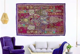 Indian Heavy Hand Embroidered Wall Hanging Vintage Zari Patchwork Beads Tapestry - £59.28 GBP