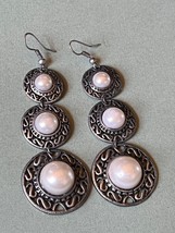 Long Graduated Faux White Pearl in Orange Silvertone Round Frame Dangle Earrings - £9.09 GBP