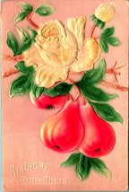 Airbrushed High Relief Embossed Birthday Pears White Rose 1910s Vtg Postcard UNP - £7.67 GBP