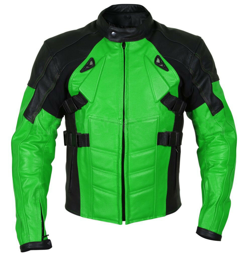 Men Two Tone Green Black Motorcycle Custom Genuine Leather Safety Pads jacket