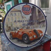 Vintage Gulf Fuel Oil Dealer &#39;A Masterpiece In Oil&#39; Porcelain Gas &amp; Oil Sign - £98.32 GBP