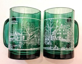Currier &amp; Ives Green Glass Coffee Mug LOT of 2 Hot Cocoa/Tea Cups Holida... - £31.55 GBP