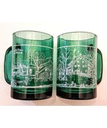 Currier &amp; Ives Green Glass Coffee Mug LOT of 2 Hot Cocoa/Tea Cups Holida... - £31.59 GBP