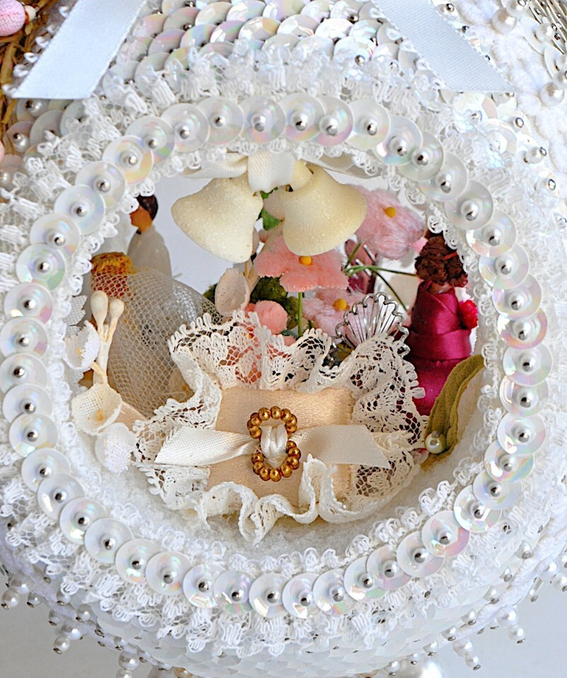 Handmade Sequin Pushpin Diorama Wedding Cake Topper Ring Maid Pearls Flowers VTG Item image 7