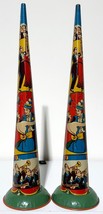 2 VINTAGE Tin Litho Noise Maker Horns Party Play Toys New Years US Metal Toy Mfg - £15.55 GBP