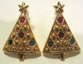 Christmas Tree Pierced Earrings Drop Gold Tone with Colorful Rhinestones - £9.83 GBP