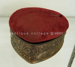 antique victorian HEART DRESSER SEWING BOX w PIN CUSHION LID repousse su... - $123.70