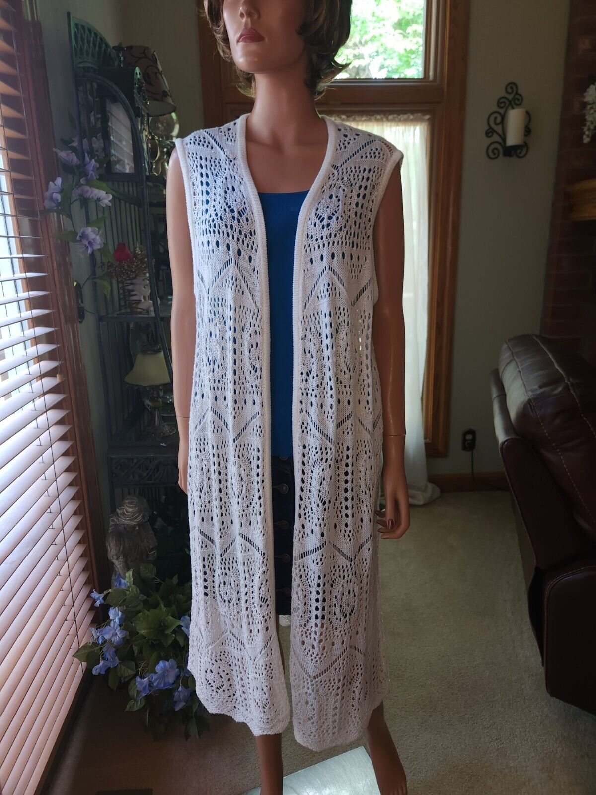 Primary image for Off White Crochet Open Front Long Sleeveless Duster Cardigan Sz L Unbranded