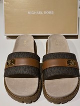 Womens Michael Kors Padma Slide Sandals Signature Logo Gold Brown 8.5 M ... - $79.99