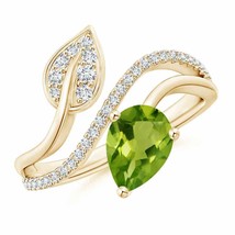 ANGARA Peridot and Diamond Bypass Ring with Leaf Motif for Women in 14K Gold - £1,541.14 GBP