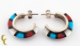 925 Sterling Silver Coral/ Mother Of Pearl/Turquoise Half Crescent Earrings - $1,323.92 MXN