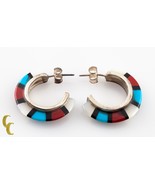925 Sterling Silver Coral/ Mother Of Pearl/Turquoise Half Crescent Earrings - $71.61