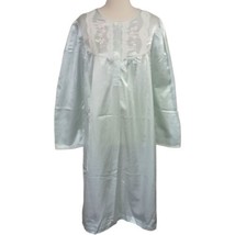 Miss Elaine Nightgown XL Satin Flannel Lined Aqua Floral Embroidery Midi Vtg 90s - £31.71 GBP