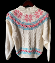 Vtg Hand Knit Sweater Medium White Fairy Kei Turtleneck Pink Nordic Cable Knit - £146.29 GBP