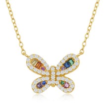 Sterling Silver Rainbow CZ Butterfly Necklace - Gold Plated - £29.14 GBP