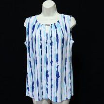 JM Collection Women&#39;s Sleeveless Tank Top Shirt S Small Blue White Keyhole Neck - £10.65 GBP