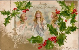 Hearty Christmas Greetings Lovely Angels Hollyberry Postcard X20 - £4.68 GBP