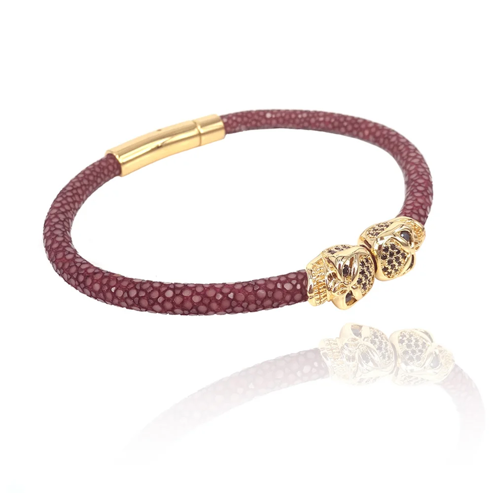 Unique Leather Jewelry Purple Stingray Skin Leather Bracelet With Twin Skull Bea - £74.88 GBP