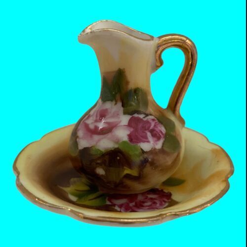 Primary image for Enesco Mini Wash Bowl and Pitcher Set Roses Enesco Japan Foil Label