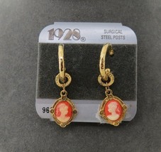 1928 Cameo Style Hoop Earrings Pierced Post Gold Tone Woman&#39;s Face Dangl... - £7.83 GBP