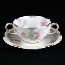 Theodore Haviland Limoges H2175 Pink Rose Bouillon Cup &amp; Saucer Set, Ant... - £38.57 GBP