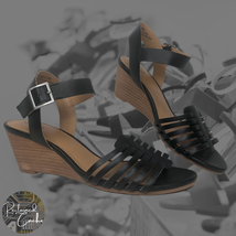 Susina Women Black Leather Buckle Ankle Strap  Open Toe Wedge Heels Sandals Sz 6 - £39.96 GBP