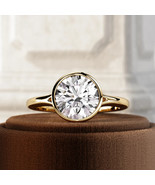 Lab Grown 2 Ct Round Brilliant Diamond Solitaire Ring Yellow Gold Bezel ... - €1.685,68 EUR