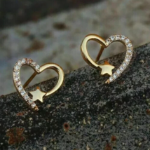 1.5Ct Round Lab Created Diamond 14k Yellow Gold Finish Heart Shape Stud Earrings - £60.37 GBP