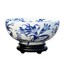 Chinese Blue and White Floral Bird Pattern Porcelain Bowl w Base 14&quot; Diameter - £234.02 GBP