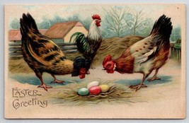 Easter Greetings Hens Lay Colored Eggs With Proud Rooster Postcard C42 - £5.44 GBP