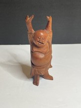 Happy Buddha Meditation Hands Up Statue 4&quot; Tall. Chinese Wood - $15.20