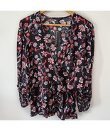 NWT Banana Republic Floral Print Plunge V-Neck Peplum Wrap Top Black M TALL - $47.86 CAD
