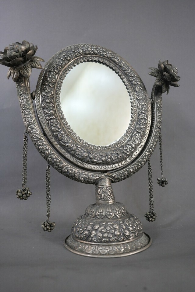 Antique German Silver Rose Shape handcrafted intricate carving Vanity Mi... - £186.46 GBP