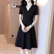 Vestido Negro Para Mujer Falda Manga Corta Retro Elegante Tela Color Sólido - $24.74