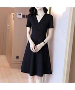 Vestido Negro Para Mujer Falda Manga Corta Retro Elegante Tela Color Sólido - $24.74