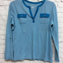 Kim Rogers Womens T-Shirt Blue White Stripe Long Sleeve Notch Neck 100% Cotton L - £12.09 GBP