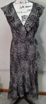 Max Studio Long Maxi Dress Women M Black Polka Dot Ruffle Wrap V Neck Drawstring - £20.28 GBP