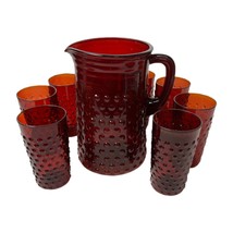 Anchor Hocking Ruby Red Hobnail Pitcher &amp; 8 Juice Glasses - £49.41 GBP