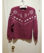 HyunHee Handknits Cardigan Women’s Size Med Knit Sweater Hearts Burgundy... - $40.55 CAD