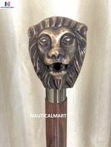 Antique Solid Brass Lion Head Walking Stick Wooden Cane for Men and Women Nautic - £70.81 GBP