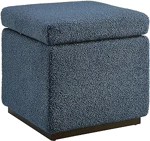 Dark Blue Sherpa Lexington Upholstered Square Storage Ottoman With Walnut Staine - £159.77 GBP