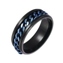 Dark Blue Chain Spinner Ring Black Stainless Steel Anti Anxiety Fidget Band - £12.78 GBP