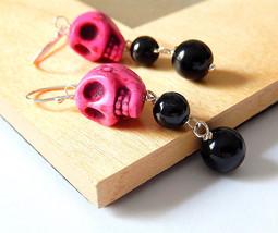 Pink Skull Earrings, Sugar Skull Jewelry, Pink and Black, Day of the Dead, Howli - £15.89 GBP