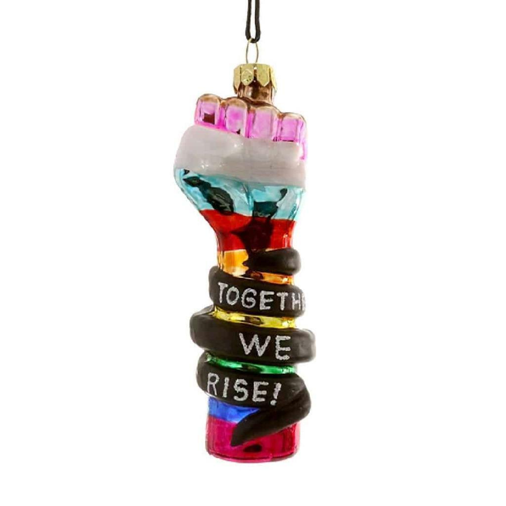 Primary image for TOGETHER WE RISE ORNAMENT 4" Glass LGBTQ Raised Fist Power Salute Christmas Tree