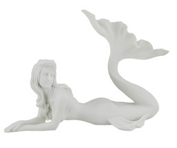 Lounging Mermaid of Lazy Lake Decorative White Marble Finish Statue 11 Inch - £31.40 GBP